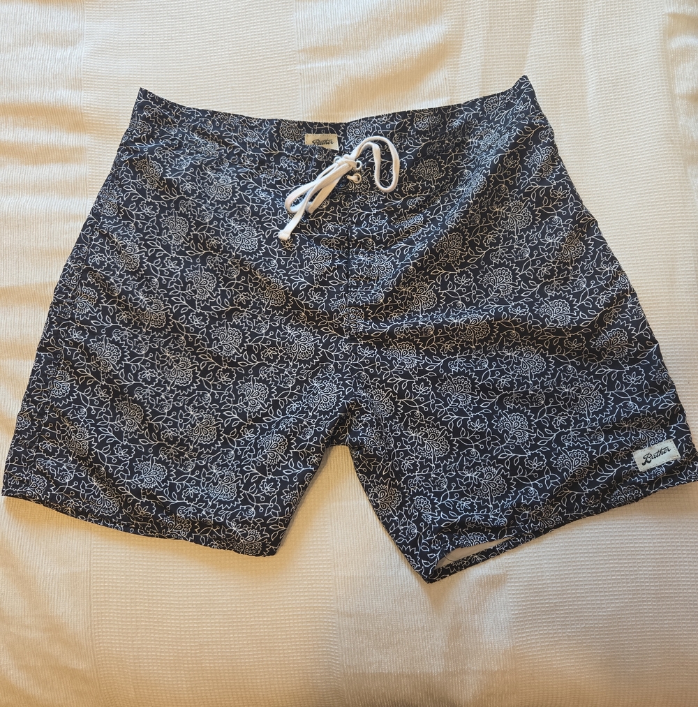 BATHER - Men's Black Bandana Floral Print Swim Board Shorts with Drawstring
